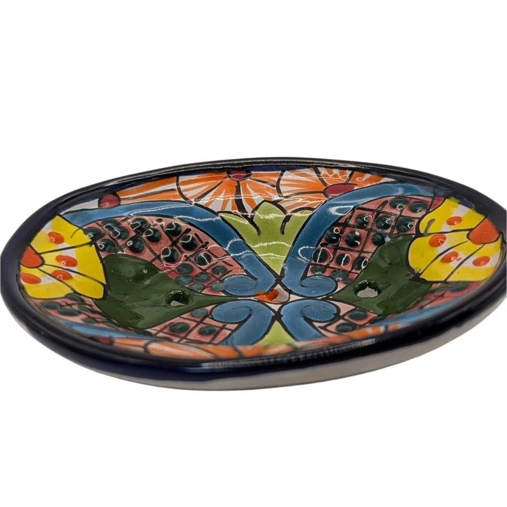 Mexican Hand Painted Soap Dish Red Clay Decorative Multicolors Folk Art